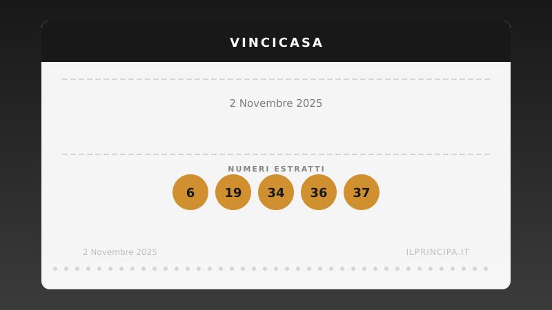 VinciCasa del 02/11/2025: estratti i cinque numeri vincenti